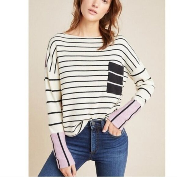 Anthropologie Faye Striped Sweater Pocket Pullover, M Petite, Cream Purple Black - Picture 9 of 10